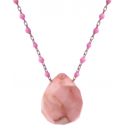 Collier en acier - boules en email marron rose de 2mm -  rhodonite facetté 15x18mm - 42+7cm