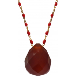 Collier en acier doré - boules en email rouge claire de 2mm -  cornaline facetté 15x18mm - 42+7cm