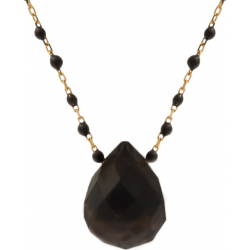 Collier en acier doré - boules en email noire de 2mm -  obsidienne facetté 15x18mm - 42+7cm