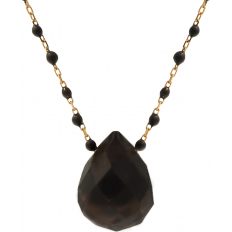 Collier en acier doré - boules en email noire de 2mm -  obsidienne facetté 15x18mm - 42+7cm