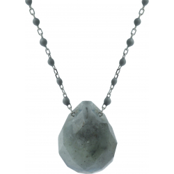 Collier en acier doré - boules en email gris clair de 2mm -  labradorite facetté 15x18mm - 42+7cm