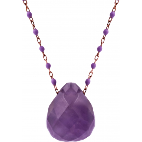 Collier en acier rosé - boules  en émail violet  de 2mm -  améthyste facetté 15x18mm - 42+7cm