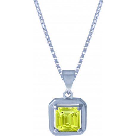 Collier argent rhodié 4,6g - peridot - carré 7x7mm facetté - maille vénitienne 40cm
