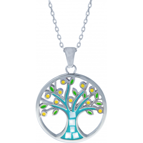 Collier acier - nacre - émail - arbre de vie - 25mm - longueur 45+5cm