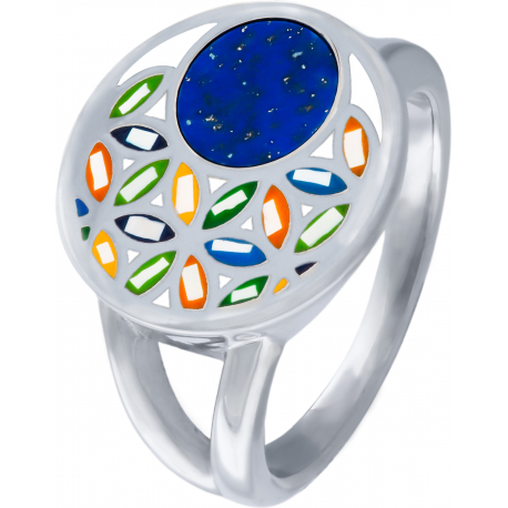 Bague acier - fleur de vie - nacre - émail - lapis lazuli - diamètre 15mm - T50 à T64