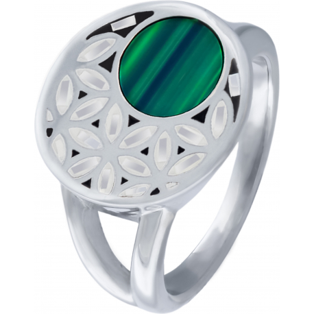 Bague acier - fleur de vie - nacre - émail - malachite - diamètre 15mm - T50 à T64