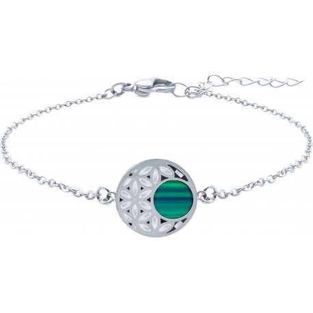 Bracelet acier - fleur de vie - nacre - émail - malachite - diamètre 15mm - longueur 16+4cm