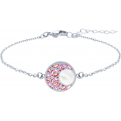 Bracelet acier - fleur de vie - nacre - émail - nacre blanche - diamètre 15mm - longueur 16+4cm