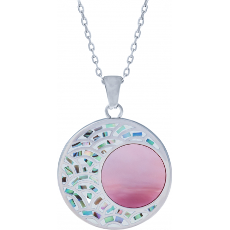 Collier acier - vague japonaise - nacre abalone - émail - nacre rose - diamètre 25mm - longueur 45+5cm