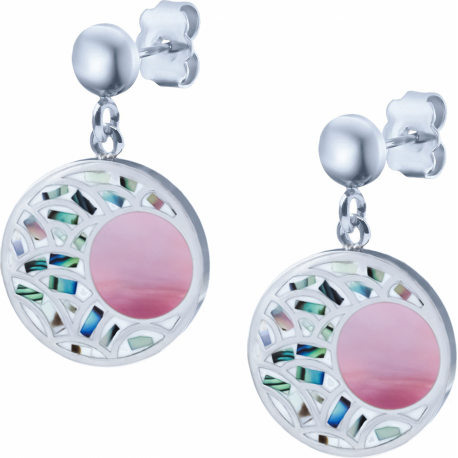 Boucles d'oreille acier - vague japonaise - nacre abalone - émail - nacre rose - 15mm