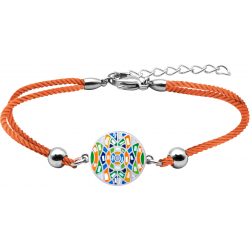 Bracelet acier - nacre - émail - coton rouge - 16+4cm