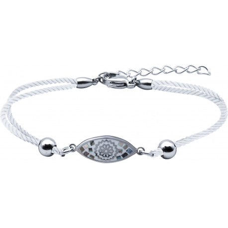 Bracelet acier - nacre - émail - coton blanc - 16+4cm