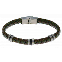 Bracelet acier - cuir tressé marron et vert militaire italien - composants acier