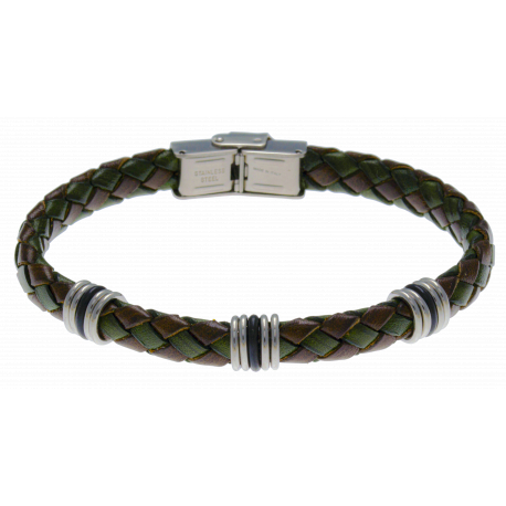 Bracelet acier - cuir tressé marron et vert militaire italien - composants acier