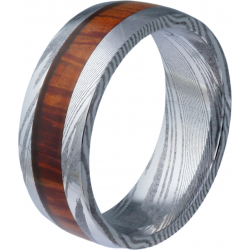 Bague en acier façon damas - effet brossé - placage noir - incrustation bois - largeur 8mm - T58 à 70