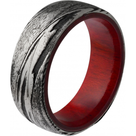 Bague en acier façon damas - effet brossé - placage noir -incrustation bois - largeur 8mm - T58 à 70