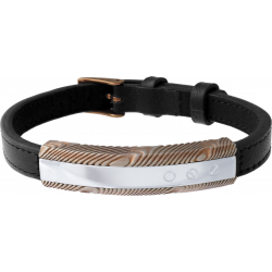 Bracelet acier façon damas - effet brossé - placage marron - 3 vis - cuir noir - 23cm - réglable