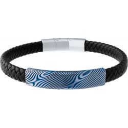 Bracelet acier façon damas - effet brossé - placage bleu - cuir noir - 20,5cm - réglable