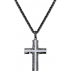 Collier en acier façon damas - croix - effet brossé - placage noir - longeur 45+5cm