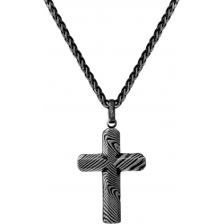 Collier en acier façon damas - croix - effet brossé - placage noir - longeur 45+5cm