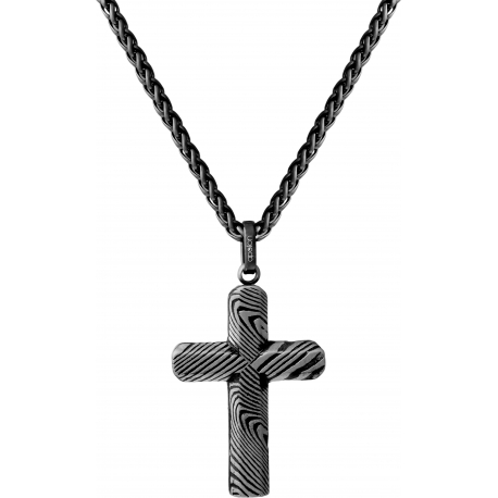 Collier en acier façon damas - croix - effet brossé - placage noir - longeur 45+5cm