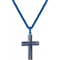 Collier en acier façon damas - croix - effet brossé - placage bleu - longeur 45+5cm