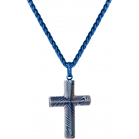 Collier en acier façon damas - croix - effet brossé - placage bleu - longeur 45+5cm