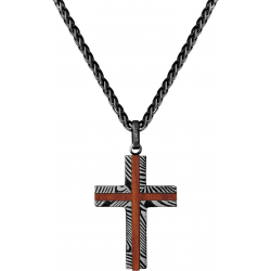 Collier en acier façon damas - croix - effet brossé - placage noir - incrustation bois - longeur 45+5cm