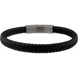Bracelet acier - cuir noir tressé - 19,5cm