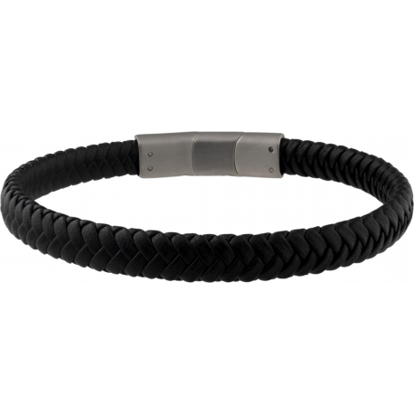 Bracelet acier - cuir noir tressé - 19,5cm
