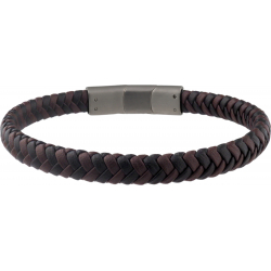 Bracelet acier - cuir marron tressé - 19,5cm