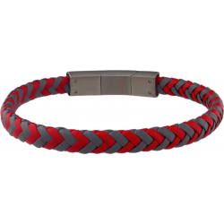 Bracelet acier - cuir rouge et gris tressé - 19,5cm