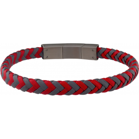 Bracelet acier - cuir rouge et gris tressé - 19,5cm