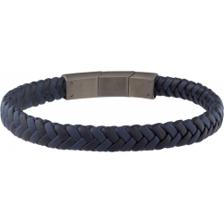 Bracelet acier - cuir bleu et noir tressé - 19,5cm