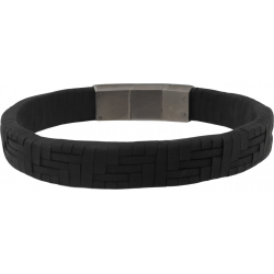 Bracelet acier - cuir noir - 19,5cm