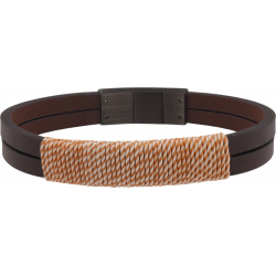 Bracelet acier - cuir marron 2 rangs - fil marron et blanc - 19,5cm