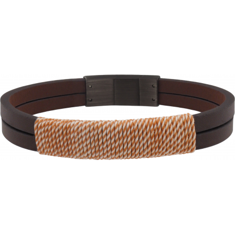 Bracelet acier - cuir marron 2 rangs - fil marron et blanc - 19,5cm