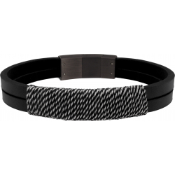 Bracelet acier - cuir noir 2 rangs - fil noir et blanc - 19,5cm