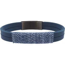 Bracelet acier - cuir bleu 2 rangs - fil bleu et blanc - 19,5cm