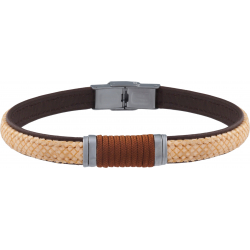 Bracelet acier - cuir marron clair italien et bois  - cordon marron - composants acier - 21,5cm