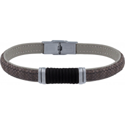 Bracelet acier - cuir gris noir italien et bois - cordon noir - composants acier - 21,5cm