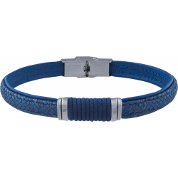 Bracelet acier - cuir bleu italien et bois - cordon bleu  - composants acier - 21,5cm