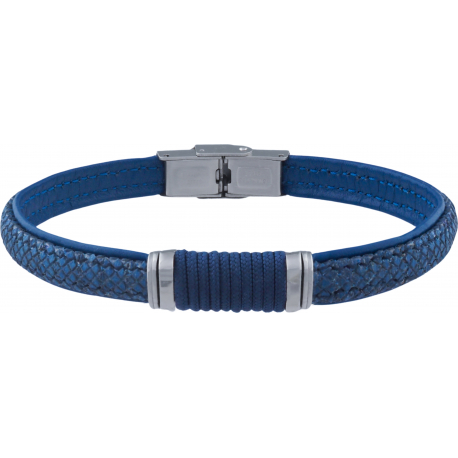 Bracelet acier - cuir bleu italien et bois - cordon bleu  - composants acier - 21,5cm