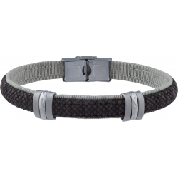 Bracelet acier - cuir gris noir italien et bois - composants acier - 21,5cm