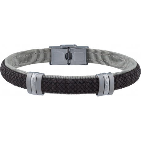 Bracelet acier - cuir gris noir italien et bois - composants acier - 21,5cm