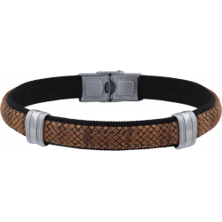 Bracelet acier - cuir marron italien et bois - composants acier - 21,5cm