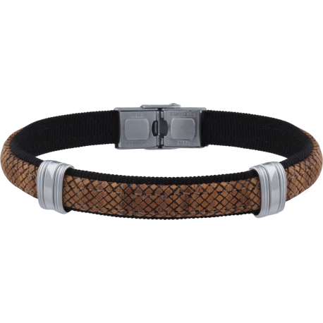 Bracelet acier - cuir marron italien et bois - composants acier - 21,5cm