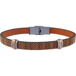 Bracelet acier - cuir marron italien et bois - composants acier - 21,5cm