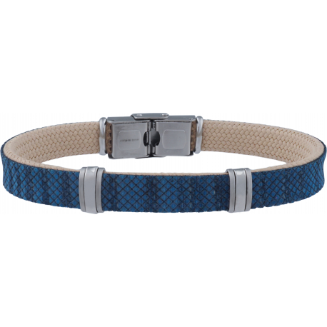 Bracelet acier - cuir bleu italien et bois - composants acier - 21,5cm