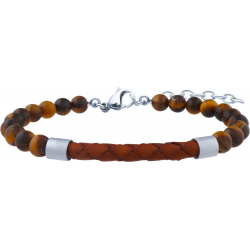 Bracelet acier - cuir marron italien tressé - il de tigre - 19+4cm